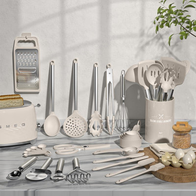 Kitchen Utensils Set- 34 Pcs Silicone Cooking Utensils Set For Nonstick Cookware-Silicone Spatulas Set, Stainless Steel Handle-Khaki Kitchen Gadgets Tools, Pots And Pans Accessories