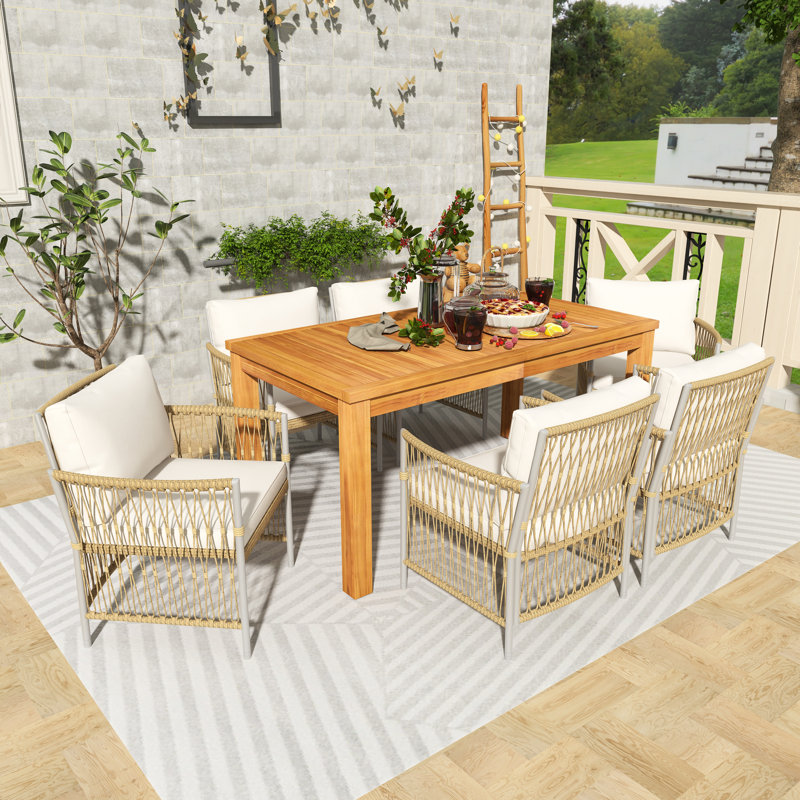 7-Piece Rectangular Outdoor Patio Dining Set With Rattan Arm Chairs, 6