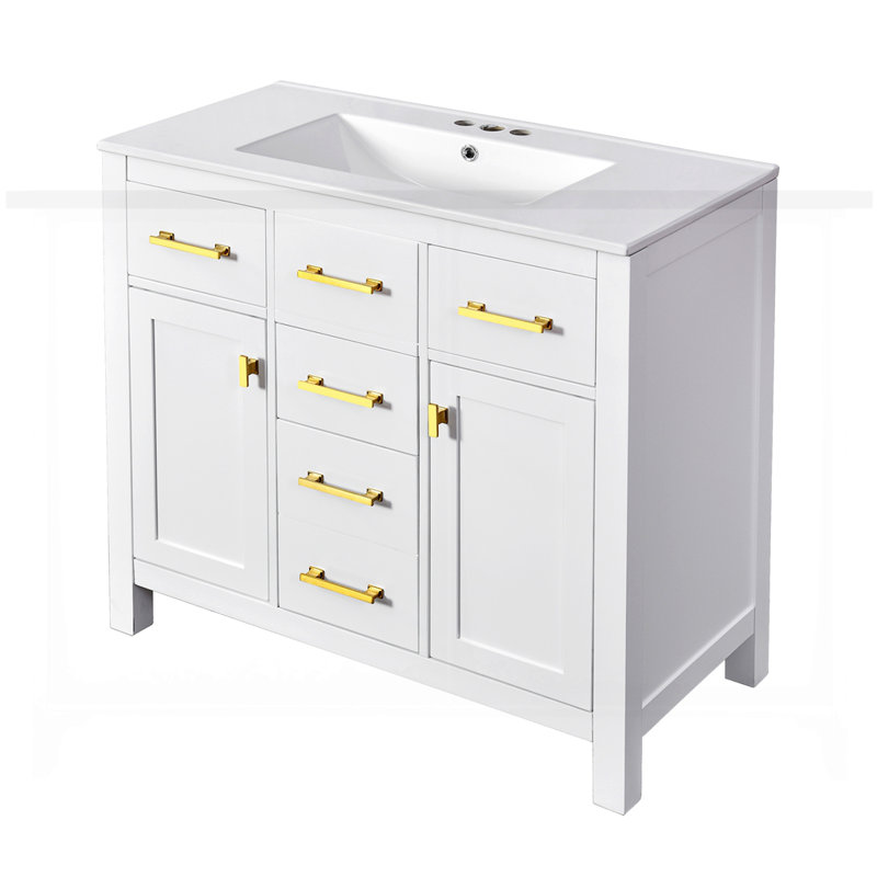 Armoire de salle de bain moderne autoportante simple avec 4 tiroirs et 2 armoires, Blanc