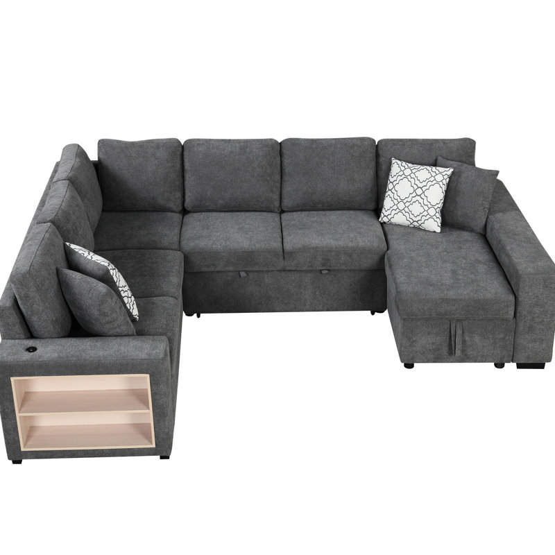 109" U-Shaped With Pull-Out Bed, 2 Ports, Storage Chaise, Wide , Grey Modern Living Room Bed Storage, 109, Gray
