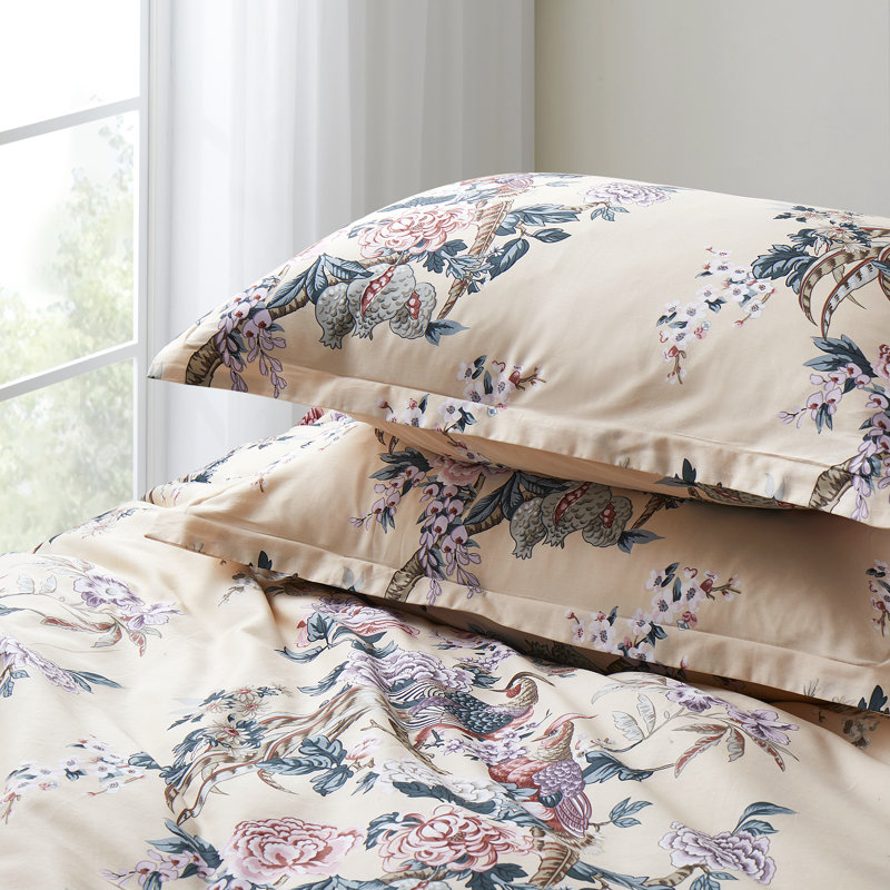 Egyptian-Quality Cotton Satin Floral Duvet Cover, King Duvet Cover + 2 King Shams