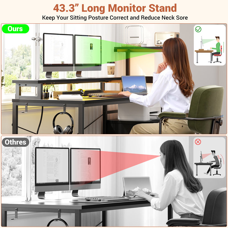 60'' Reversible Gaming Desk With Monitor Stand & Fabric Drawers, Black/Black
