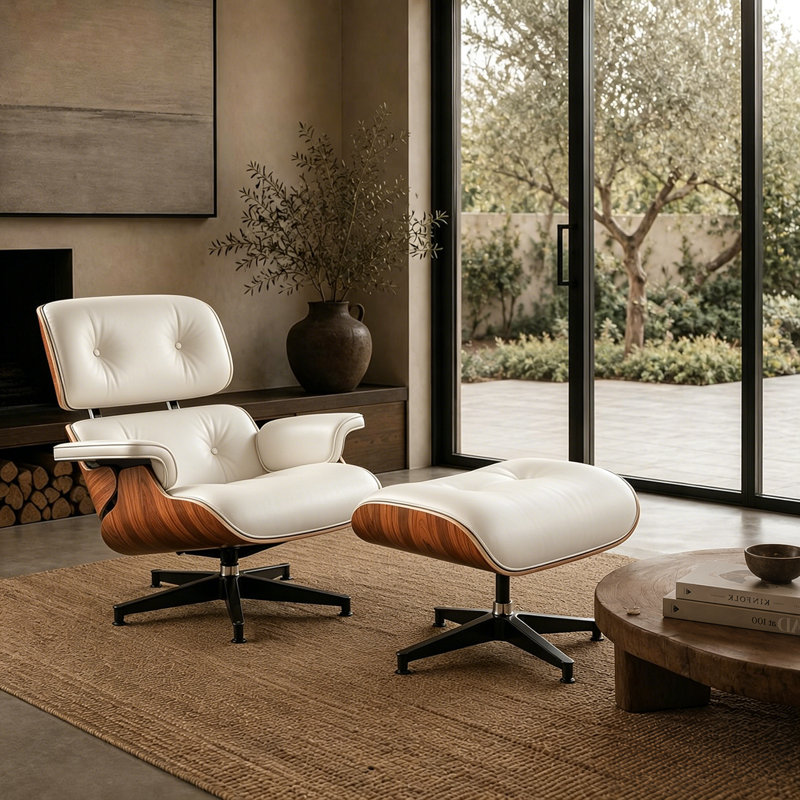 Chaise longue pivotante en cuir véritable classique avec repose-pieds pour le salon, fauteuil d'appoint en bois massif