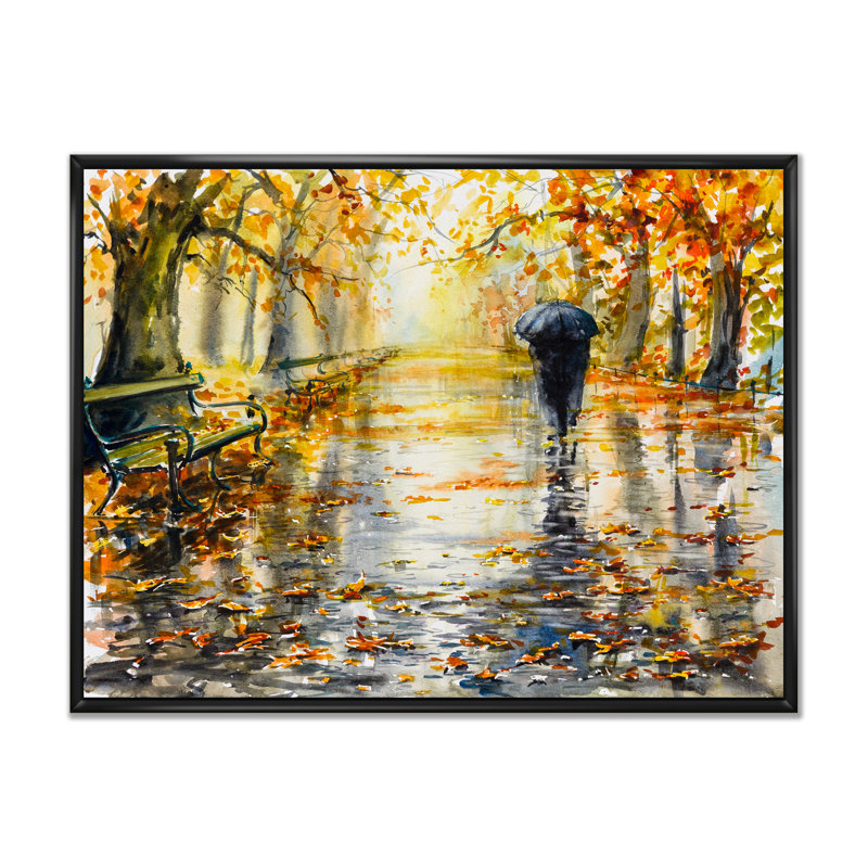 «Couple Walking In Autum Day», reproduction d'art sur toile, H 12 po x l 20 po x P 1 po, Toile avec cadre flottant noir
