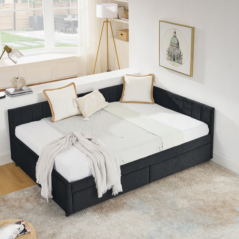 Upholstered Tufted Bed With Two Drawers,Comfortable Backrest And Armrests, Black