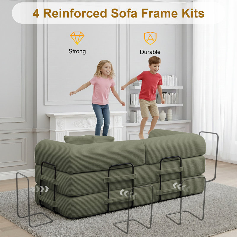63” Compression Corduroy Sleeper Sofa, Convertible Upholstered Couch with 2 Pillows, No Assembly Required, Light Green 