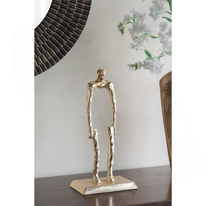 Figurine humaine abstraite en or 7,9 x 5,1 x 16,5 po avec base piédestal robuste