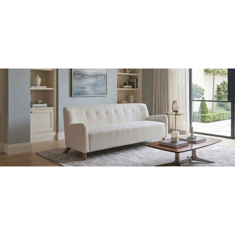 Canapé moderne 3 places, canapé capitonné moderne avec pieds en bois d'hévéa pour salon, Beige Linen