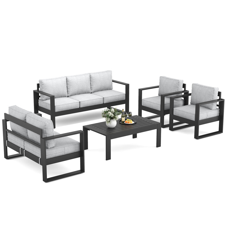 7 - Person Outdoor Seating Group with Cushions, Light Grey Cushion /Black Frame