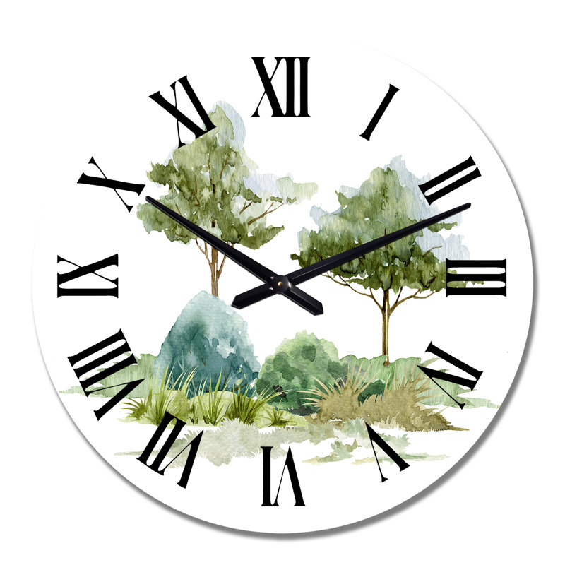 Deux arbres avec buisson et prairie - horloge murale traditionnelle, Grand