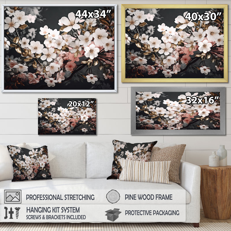 Branche avec fleurs de cerisier roses et blanches sur toile, H 24 po x l 32 po, Toile tendue