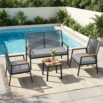  Banc d'extérieur 2 places 2 places, capacité de 500 lb, banc de causeuse en rotin large avec coussin de 3,15 po d'épaisseur, dossier ergonomique incurvé, accoudoir WPC, pour jardin, balcon, porche, gris
