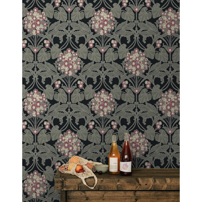 Papier peint adhésif floral à motif d'hortensias noir et rose
