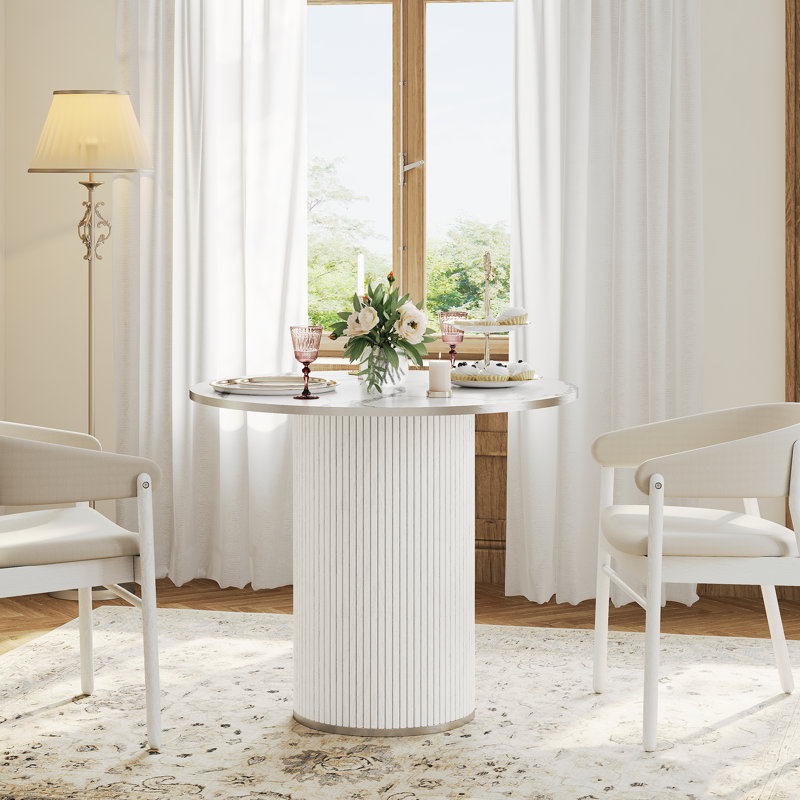 Modern 31.5" fluted round dining table with a silver outline, White