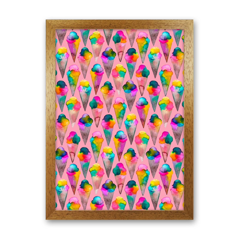 Cute Ice Creams Kids Pink - Print, 63cm H x 46cm W x 3cm D, Brown Framed