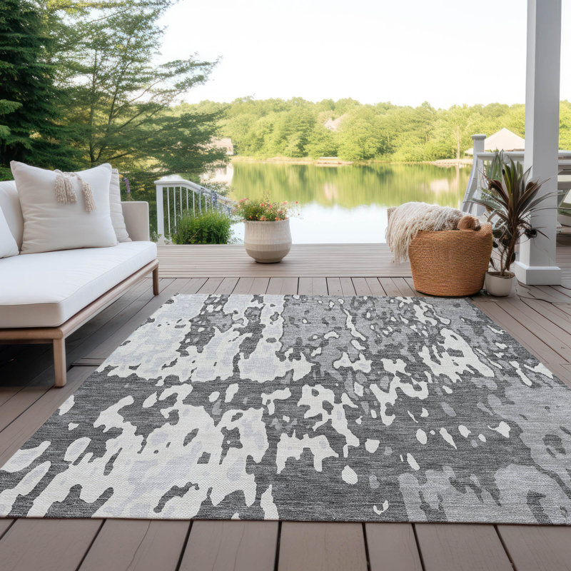 Gray Rectangular Machine-Washable Non-Slip Indoor/Outdoor Rug