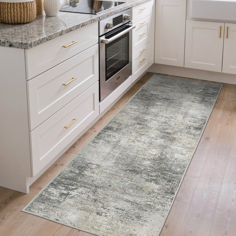 Mignone Pavelina Abstract Machine Washable Light Grey/Charcoal Indoor Area Rug With Non-Slip Backing, Runner 2' x 6'