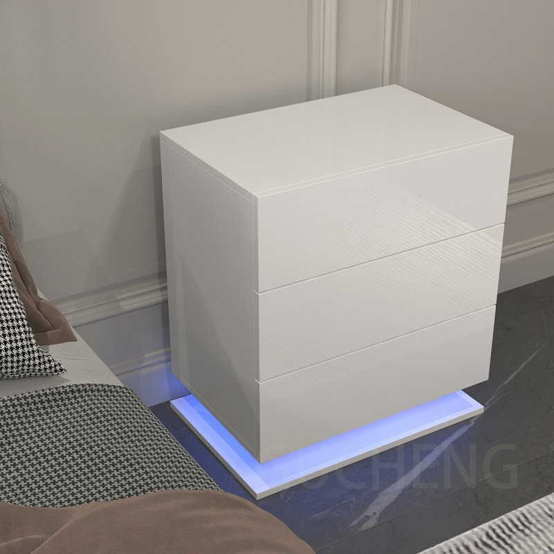 Table de chevet moderne à 3 tiroirs à DEL, idéale pour la décoration de chambre à coucher