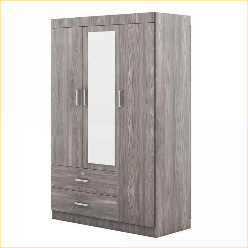 Commodes et amp; Garde-robes | Armoire-penderie 3 portes avec miroir pleine longueur | Panneau de fibres à densité moyenne | Gris | Contreplaqué