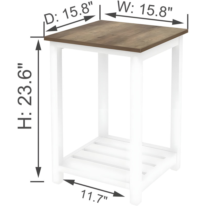Farmhouse White Side Table With Oak Finish, Rustic End Table With Storage Shelf For Living Room Or Bedroom