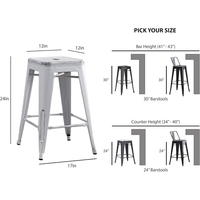 Backless Modern Light Weight Industrial Contemporary Rustic Vintage Costal Metal Bar Stools Without Back And 4 Leg Design (Set Of 2) (24" Seat, Distressed White)