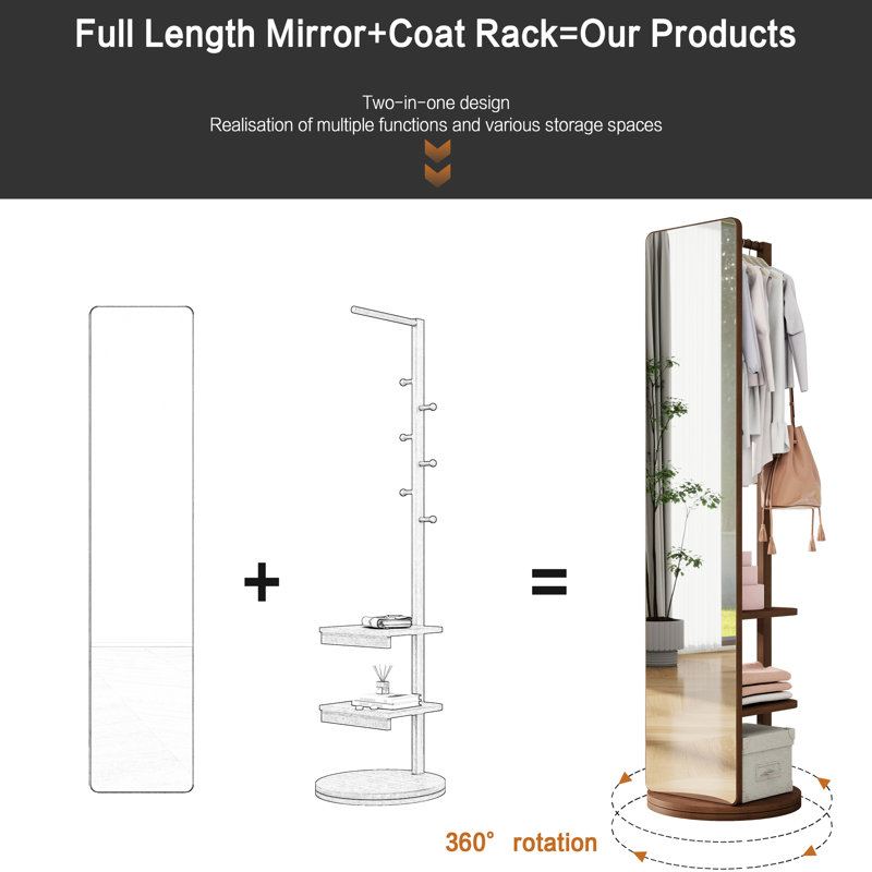 Miroir pleine grandeur en bois massif et en caoutchouc, noyer 65,7 x 17,7 po, avec chambre / salon en verre de 13,7 po de largeur, accessoire économiseur d'espace noyer 65,7 x 17,7 po, fait de verre, ornement