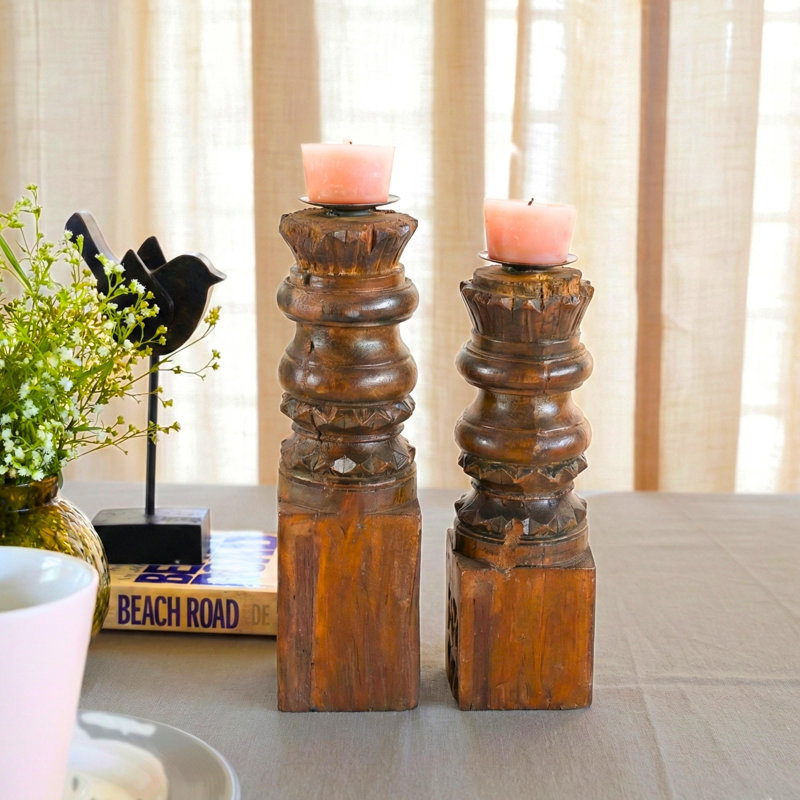 Vintage Hand Carved Reclaimed Wood Candlesticks, Set of 2
