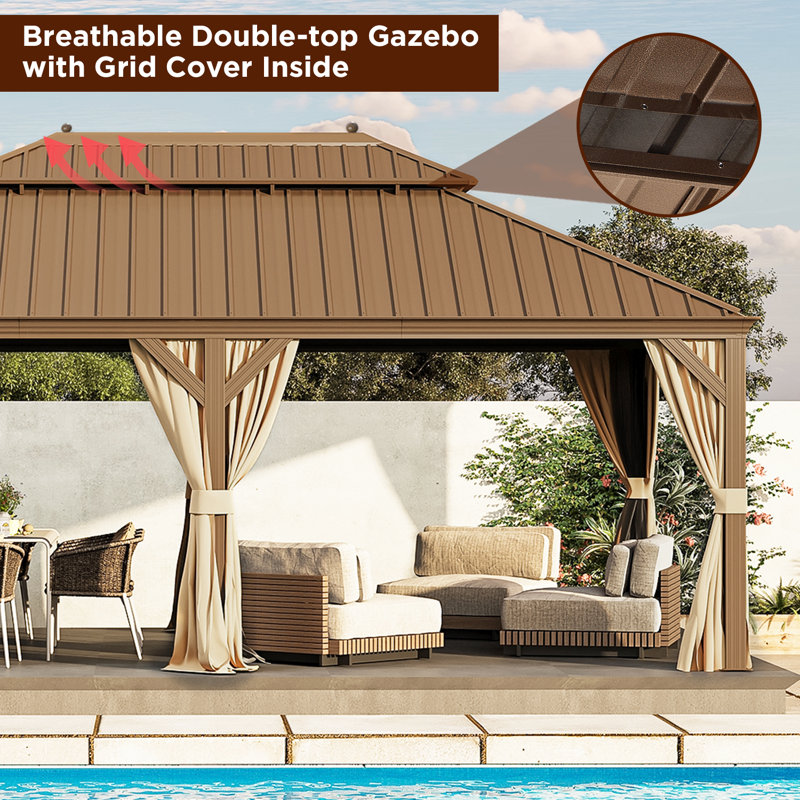Hardtop Gazebo, Outdoor Gazebo With Double Roof, Patio Gazebo & Outdoor Pergola Canopy With Netting And Curtains, Permanent Pavilion