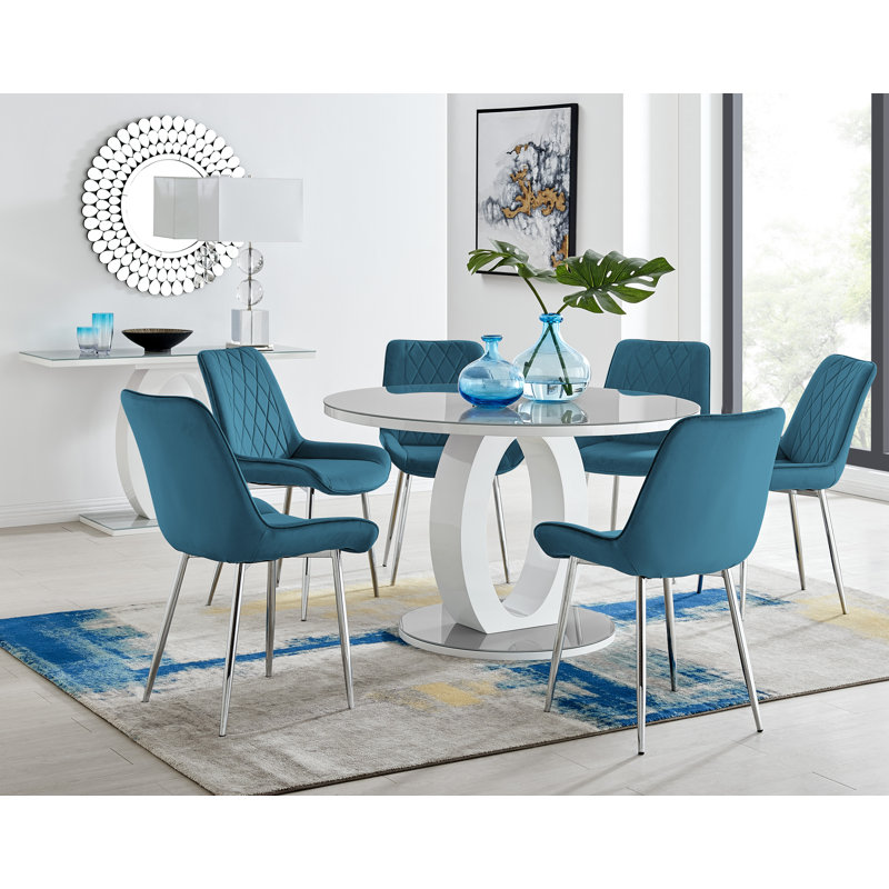 Scottsmoor Modern Halo Seat Round Dining Table Set - 6 Luxury Velvet Mid-Century Upholstered Chairs, Blue/Silver, Grey