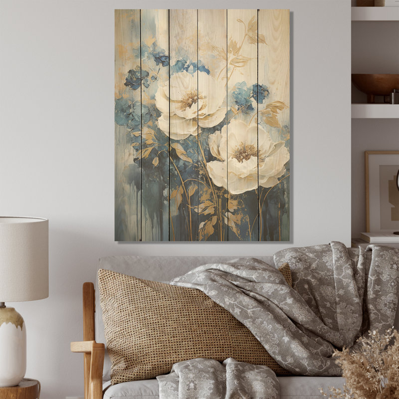 Fleurs dorées et blanches de saison dorées Dream I - Fleurs saisonnières, art sur bois de pin naturel, H 32 po x l 24 po