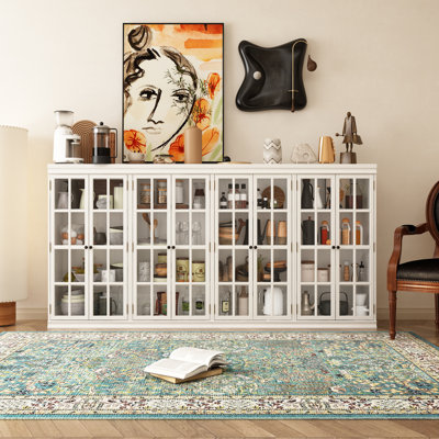 Amaziah 94.4" Elegant 8-Door Glass Display Sideboard with Fixed Shelves, Anti-Tip Kit