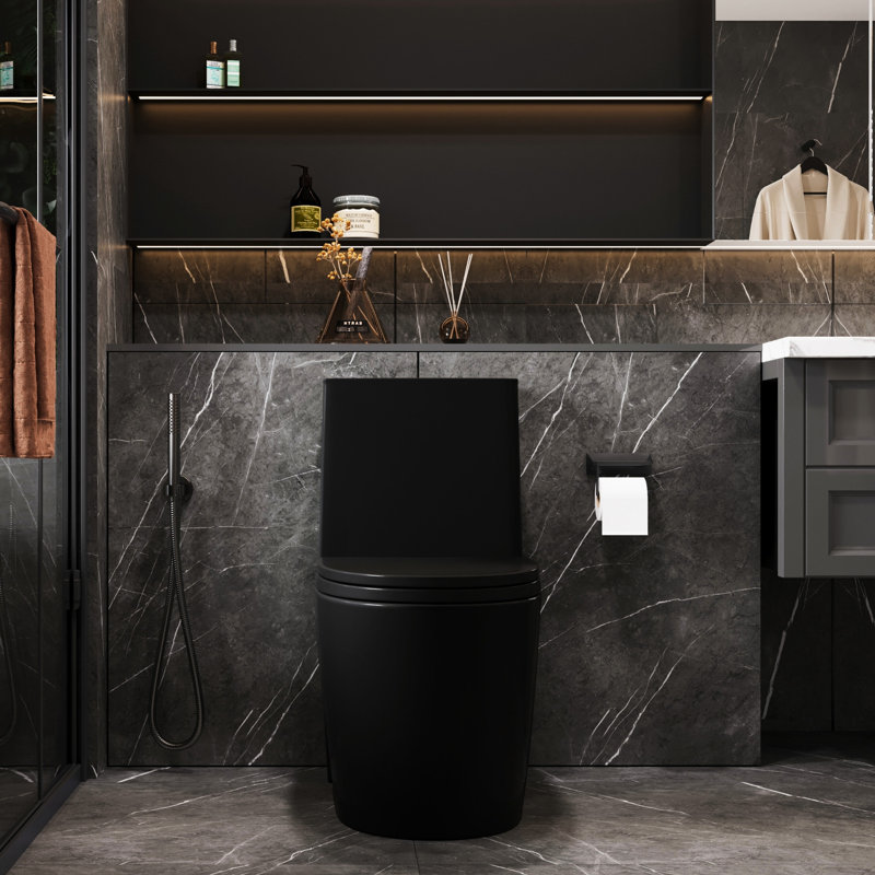 Toilette une pièce avec chasse d'eau Tornado 1,1 / 1,6, siège à fermeture douce, siphon S 12 ", cuvette allongée, carte à double chasse 1000G, 17 po de hauteur, conception moderne en forme de ventilateur, structure de salle de bain noir mat