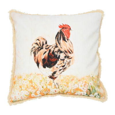 Cotton Pillow With Rooster And Eyelash Fringe