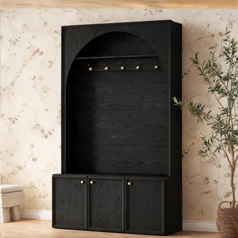 Retro Arched 48.7-Inch All-In-One Hall Tree, Farmhouse Style MDF Jet Black Entryway Storage Coat Rack for Mudroom and Hallway