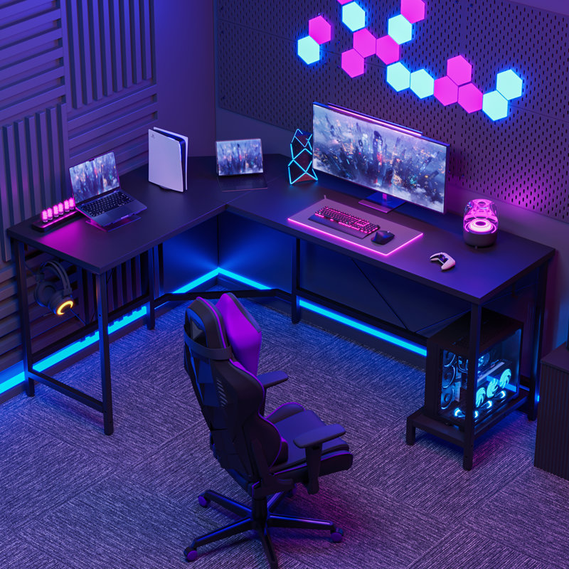 66''Computer L-Shaped Metal Base Desk Corner Gaming Desk, Black