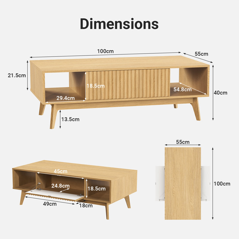 Modern Rectangular 100cm Four Leg Coffee Table with Storage, Oak