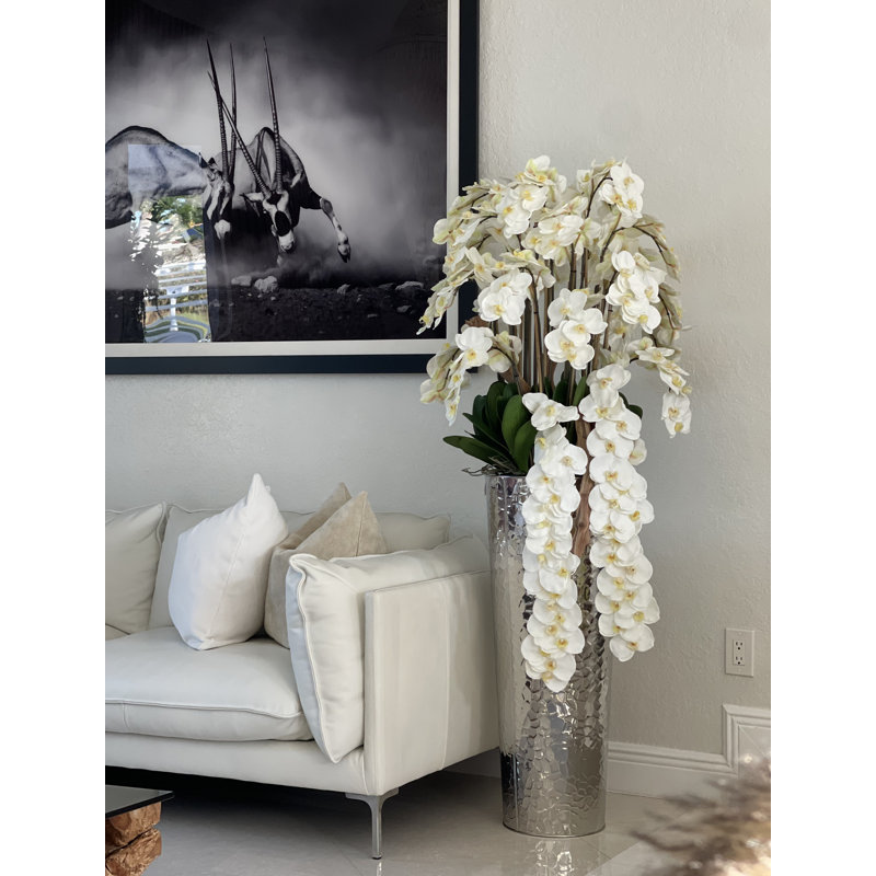 Cascading White Phalaenopsis Orchids In Tapered Hammered Cone Planter, Silver