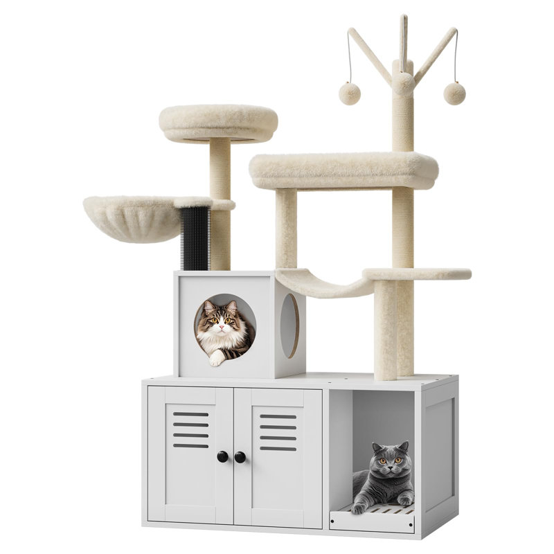 Arbre à chat blanc avec bac à litière caché, poteaux à griffer multi-niveaux pour hamac, 19 x 30,7 x 55,1 pouces