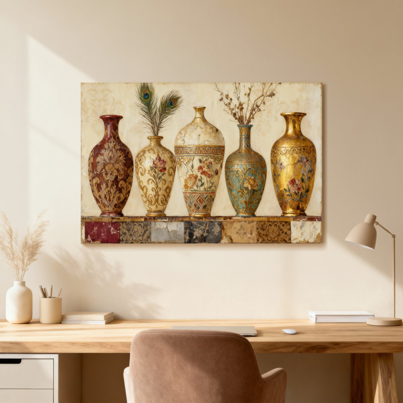 Motif floral de vases rétro, H 16 po x l 24 po, Toile tendue, Ne s’applique pas