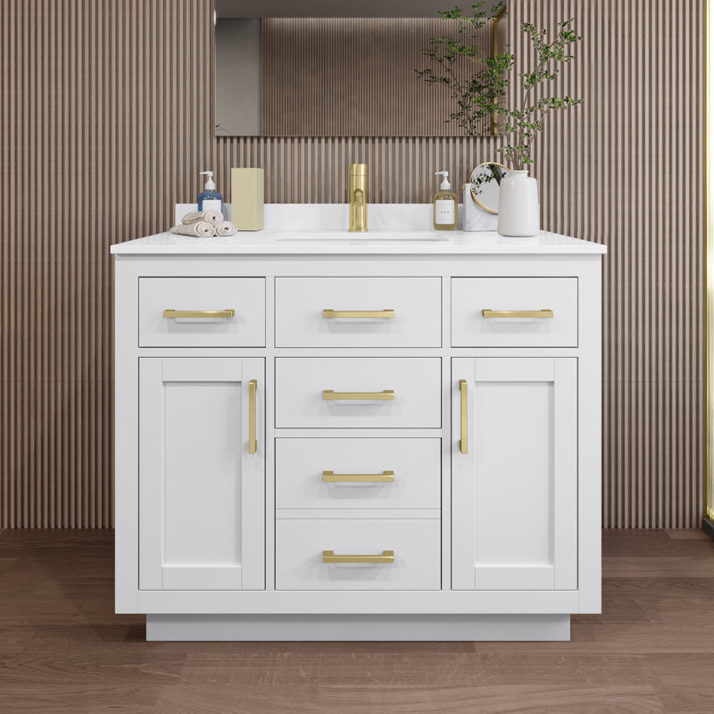 Beckett TK 42'' Free Standing Single Bathroom Vanity with Top, White Quartz, Dark Gray, Matte Black