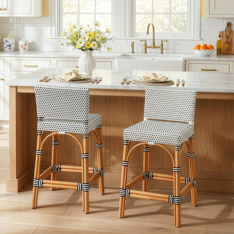 Estella 24.5 in. Seat Height Rattan Low Back Bar Stool, White-Navy Dot, White/Navy Dot, Counter Stool (24" Seat Heigh)t