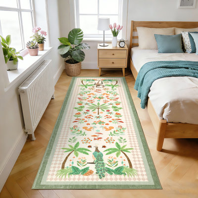 Jungle 2x6 Kitchen Runner Rug, Washable Animal Print Soft Non Slip Hallway Runner Tropical Botanical Thin Peacock Monkey Floor Rugs
