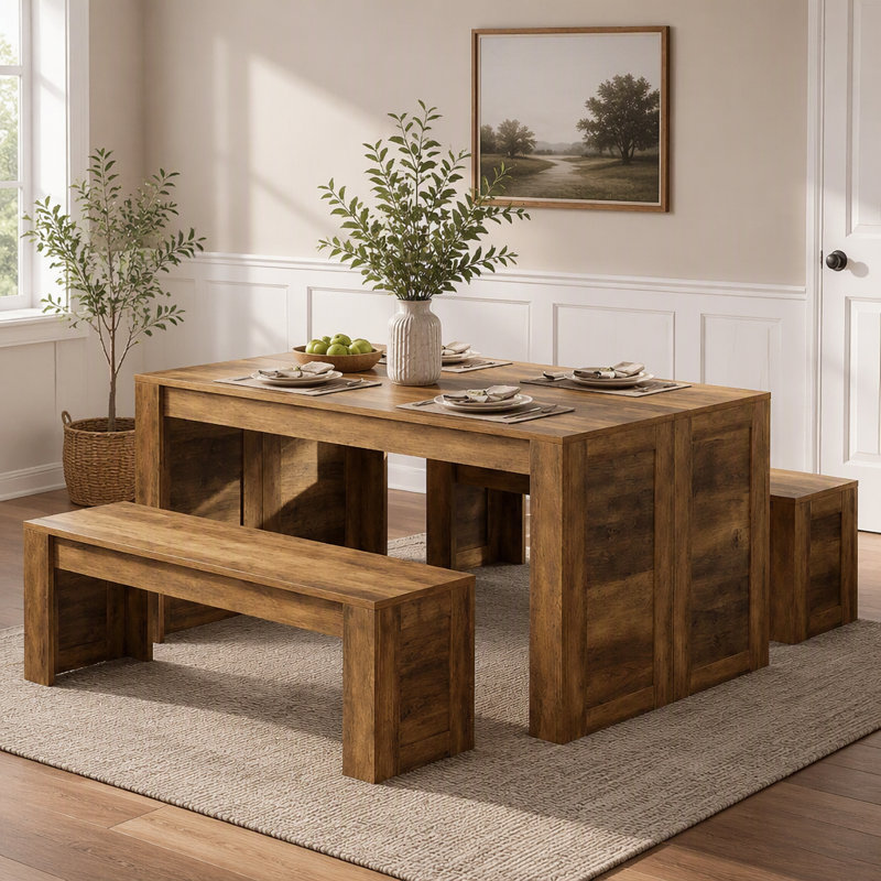 Ensemble de table de salle à manger 55 ", table de cuisine en bois pour 4 à 6 personnes avec 2 bancs, Rustic Brown