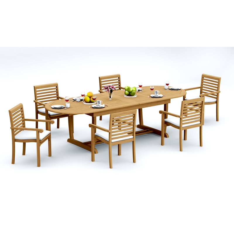 13 Pcs Grade-A Teak Wood Dining Set: 118" Double Extension Mas Oval Trestle Leg Table And 12 Hari Stacking Arm Chairs #11HR2712