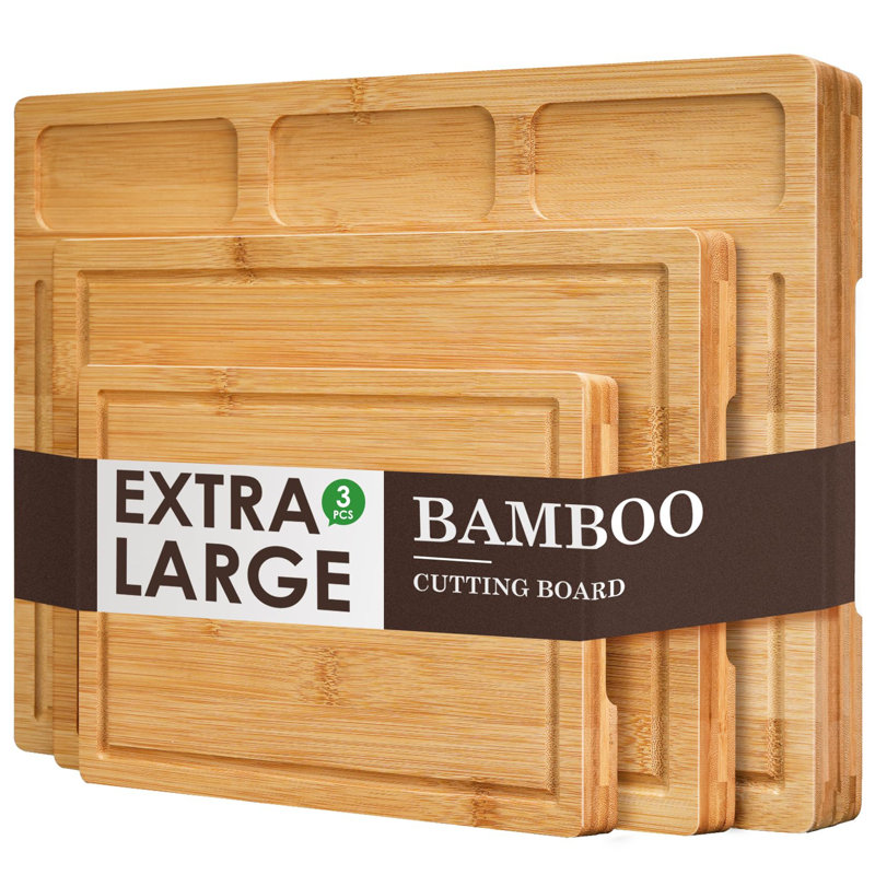 Cutting Boards for Kitchen, (Set of 3) Kitchen Chopping Board with 3 Built-In Compartments and Juice Groove Heavy Duty Serving Tray Wood Butcher Block and Wooden Carving Board