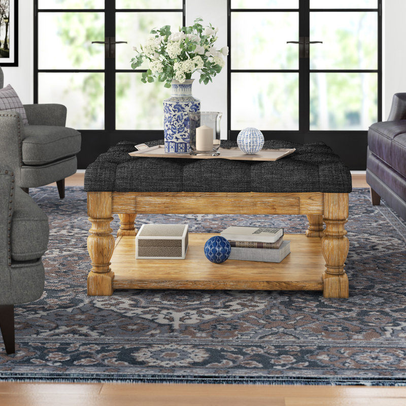 Arthuro Upholstered Ottoman, Heathered Dark Gray Linen, Natural