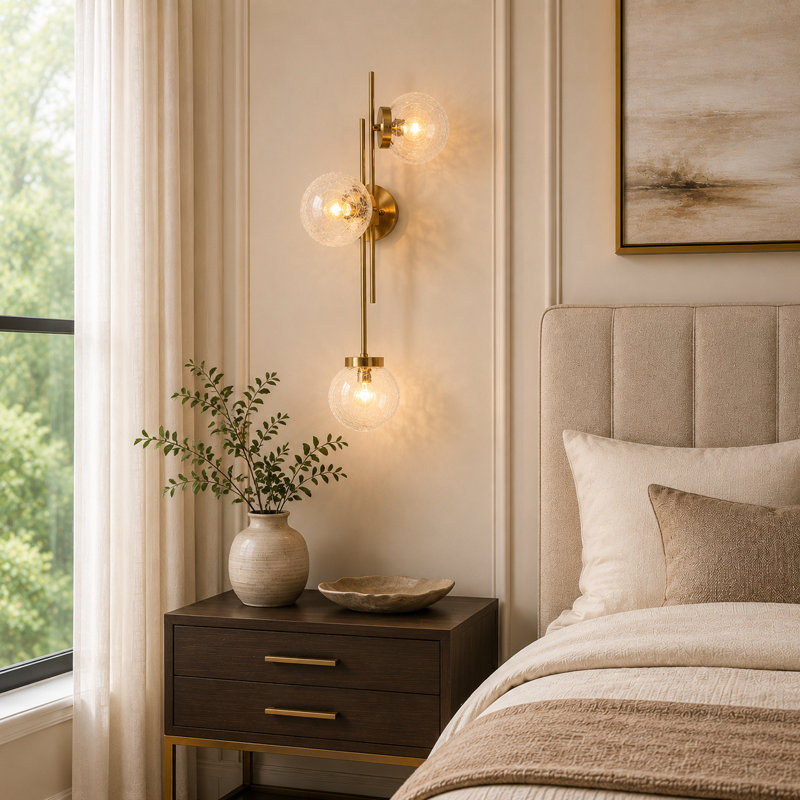 Jenavicia 30" H 3-Light Brass Metal Armed Sconce with Hand-Blown Cracked Glass Shades