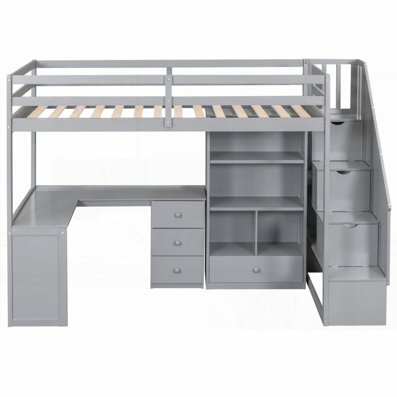 Lit mezzanine simple avec bureau en L et amp; Tiroirs, armoire et amp; Escalier de rangement - Aucun sommier requis, robuste Durable