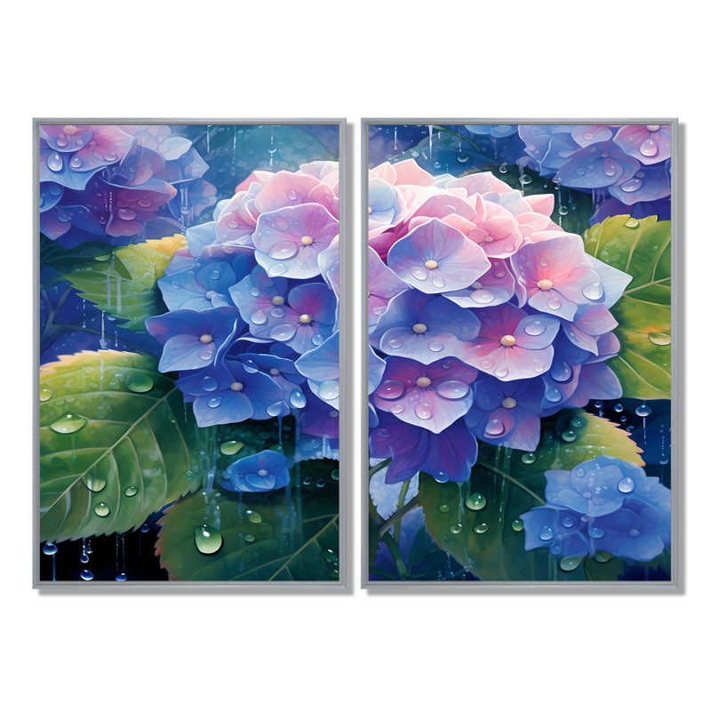 Hortensia bleu et vert - art mural traditionnel 2 panneaux, Silver, 36" H x 48" W, Impression encadrée flottante