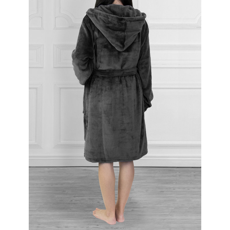 Peignoir en molleton au-dessus du genou avec poches et capuche, G / TG, Gris